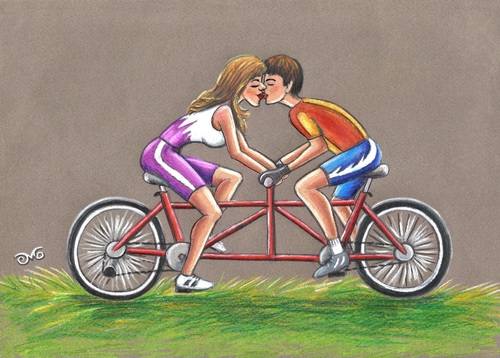 Cartoon: Tandem bikes for lovers (medium) by menekse cam tagged cartoon,contest,competition,bicycle,belgium,kartoenale,euro,lovers,love,cycling,bikes,tandem,tandem,love,lovers,euro,kartoenale,belgium,bicycle,competition,contest,cartoon