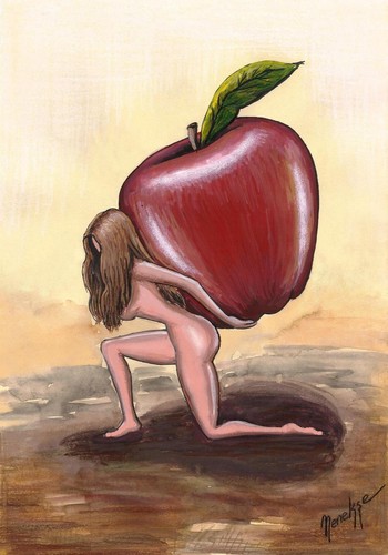 Cartoon: woman (medium) by menekse cam tagged devotion,day,womens,future,time,past,present,eve,adam,exploitation,love,sexuality,men,women,man,woman,apple,sin,conflict,adam und eva,apfel,frau,liebe,gewicht,last,frauen,adam,und,eva