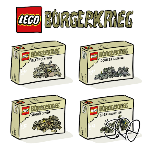 Cartoon: Lego Bürgerkrieg (medium) by Sven Raschke tagged spielzeug,lego,krieg,israel,palästina,jemen,syrien,ukraine,donezk,aleppo,sanaa,gaza,spielzeug,krieg,israel,palästina,jemen,syrien,ukraine,donezk,aleppo,sanaa,gaza