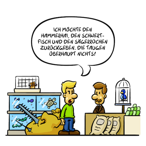 Cartoon: Tierhandlung (medium) by Sven Raschke tagged tiere,geschäft,konsum,werkzeuge,fische,meer,tiere,geschäft,konsum,werkzeuge,fische,meer