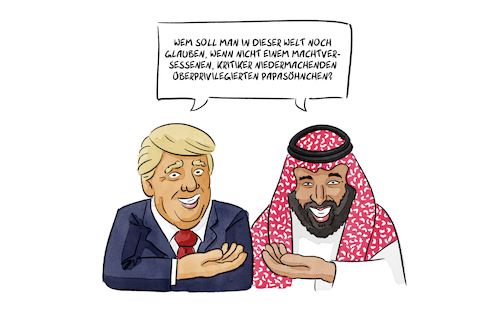 Cartoon: Trump und DMG (medium) by Sven Raschke tagged donald,trump,dmg,prinz,salman,lügen,kashoggi,mord,donald,trump,dmg,prinz,salman,lügen,kashoggi,mord