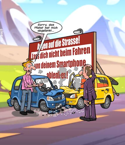 Cartoon: Ablenkung (medium) by Chris Berger tagged autobahn,plakat,ablenkung,smartphone,handy,kampagne,unfall,autobahn,plakat,ablenkung,smartphone,handy,kampagne,unfall