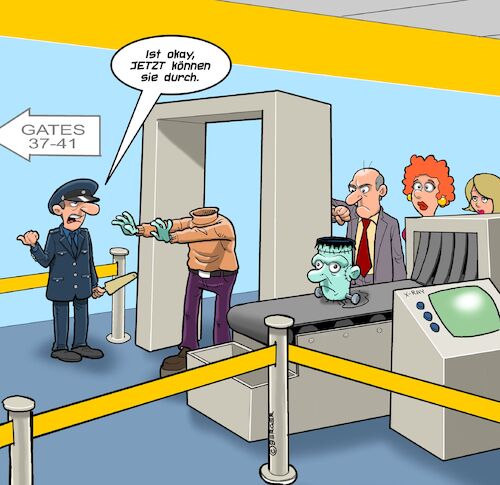 Cartoon: Am Flughafen (medium) by Chris Berger tagged frankenstein,monster,flughafen,security,eisenteile,metalldetektor,frankenstein,monster,flughafen,security,eisenteile,metalldetektor