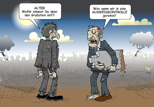 Cartoon: Ausweispflicht (medium) by Chris Berger tagged zombies,grabstein,ausweis,kontrolle,zombies,grabstein,ausweis,kontrolle