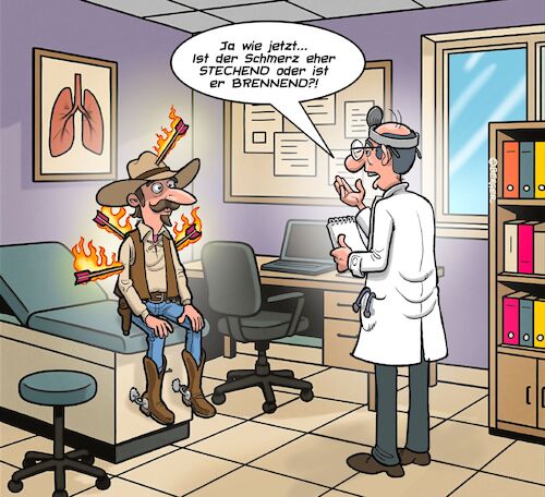 Cartoon: Beim Doktor (medium) by Chris Berger tagged schmerzen,feuer,pfeile,cowboy,arzt,doktor,brennen,stechen,schmerzen,feuer,pfeile,cowboy,arzt,doktor,brennen,stechen