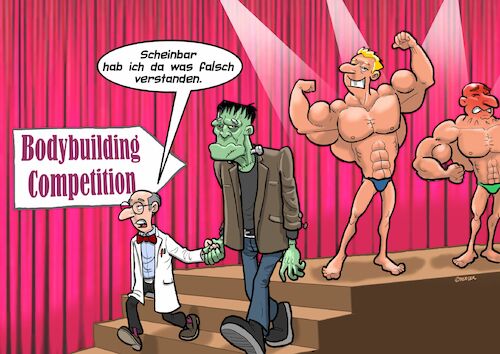 Cartoon: Bodybuilding (medium) by Joshua Aaron tagged frankenstein,monster,bodybuilding,wettbewerb,cometition,frankenstein,monster,bodybuilding,wettbewerb,cometition
