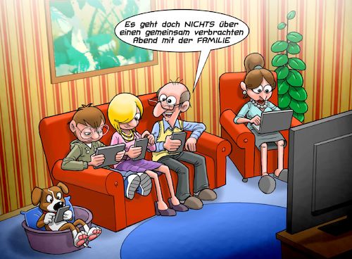 Cartoon: Family Time (medium) by Joshua Aaron tagged familie,zusammen,gemeinsam,social,media,smartphone,tablet,tv,sozial,asozial,familie,zusammen,gemeinsam,social,media,smartphone,tablet,tv,sozial,asozial