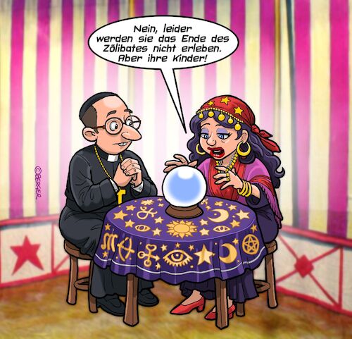 Cartoon: Fortune Teller (medium) by Chris Berger tagged wahrsagerin,priester,zölibat,sideshow,weissagung,wahrsagerin,priester,zölibat,sideshow,weissagung