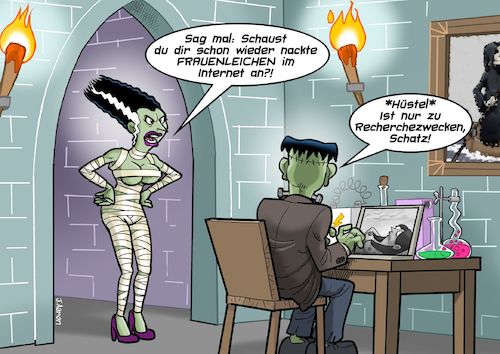 Cartoon: Frankies Internetrecherche (medium) by Joshua Aaron tagged frankenstein,monster,braut,internet,weird,seltsam,frankenstein,monster,braut,internet,sex,weird,seltsam