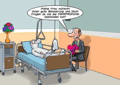 Cartoon: Führerschein (medium) by Chris Berger tagged führerscheinprüfung,unfall,fahrschule,fahrlehrer,krankenhaus,führerscheinprüfung,unfall,fahrschule,fahrlehrer,krankenhaus