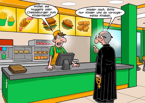 Cartoon: Happy Meal (medium) by Joshua Aaron tagged priester,kirche,kindesmissbrauch,pädophilie,pädersten,pfarrer,katholiken,fast,food,priester,kirche,kindesmissbrauch,pädophilie,pädersten,pfarrer,katholiken,fast,food