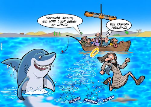 Cartoon: Heiland (medium) by Joshua Aaron tagged jesus,hai,land,heiland,religion,christentum,jünger,see,walk,on,water,jesus,hai,land,heiland,religion,christentum,jünger,see,walk,on,water