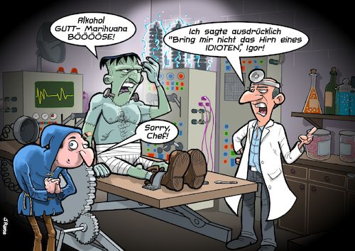 Cartoon: Hirni (medium) by Joshua Aaron tagged frankenstein,monster,weed,gras,thc,marihuana,dope,legalisierung,entkriminalisierung,frankenstein,monster,weed,gras,thc,marihuana,dope,legalisierung,entkriminalisierung