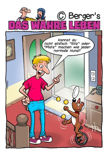 Cartoon: Hund Tricks (medium) by Chris Berger tagged hund,haustier,jonglieren,sitz,platz,einrad,zirkus,hund,haustier,jonglieren,sitz,platz,einrad,zirkus