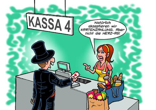 Cartoon: Kartenzahlung (medium) by Chris Berger tagged kreditkarte,bankomatkarte,zauberer,spielkarte,kasse,supermarkt,kreditkarte,bankomatkarte,zauberer,spielkarte,kasse,supermarkt