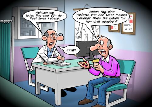 Cartoon: Lebenserwartung (medium) by Joshua Aaron tagged arzt,doktor,tabletten,patient,lebenserwartung,lebensdauer,arzt,doktor,tabletten,patient,lebenserwartung,lebensdauer