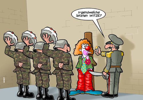 Cartoon: Letzte Worte (medium) by Joshua Aaron tagged hinrichtung,erschiessungskommando,militär,clown,torte,witz,hinrichtung,erschiessungskommando,militär,clown,torte,witz