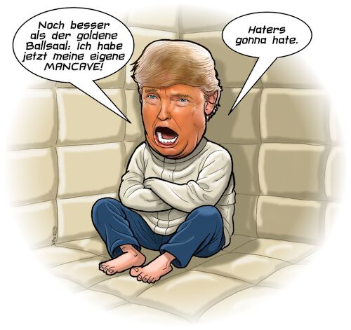 Cartoon: Mancave (medium) by Chris Berger tagged donald,trump,usa,gummizelle,ballsaal,präsident,donald,trump,usa,gummizelle,ballsaal,präsident