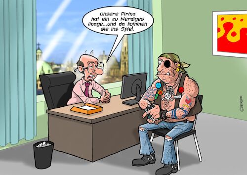 Cartoon: Nerdy (medium) by Chris Berger tagged nerd,intellektuell,rocker,firma,image,kampagne,nerd,intellektuell,rocker,firma,image,kampagne