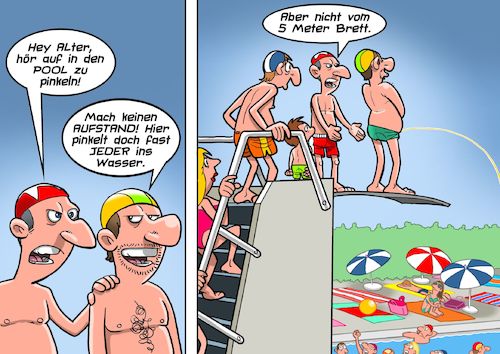 Cartoon: Pisser (medium) by Joshua Aaron tagged freibad,urinieren,urin,pisser,pissen,sprungturm,freibad,urinieren,urin,pisser,pissen,sprungturm