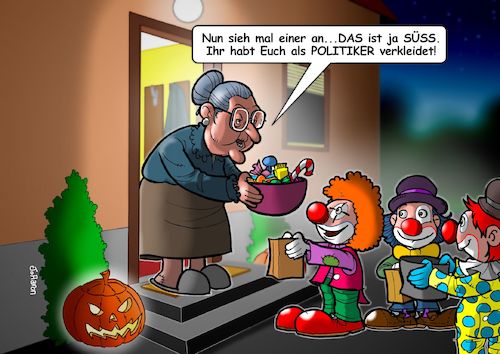 Cartoon: Politiker zu Halloween (medium) by Joshua Aaron tagged politiker,halloween,verkleidung,clowns,kinder,süsses,saures,politik,politiker,halloween,verkleidung,clowns,kinder,süsses,saures,politik