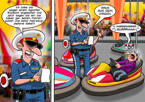 Cartoon: Polizeikontrolle (medium) by Chris Berger tagged autodrom,autoscooter,polizei,kontrolle,autodrom,autoscooter,polizei,kontrolle