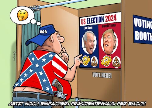 Cartoon: Präsidentenwahl USA (medium) by Chris Berger tagged usa,biden,trump,wahl,2024,emoji,dummheit,degeneration,übergewicht,waffen,usa,biden,trump,wahl,2024,emoji,dummheit,degeneration,übergewicht,waffen