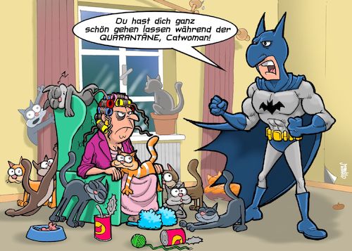 Cartoon: Quarantäne (medium) by Joshua Aaron tagged catwoman,batman,covid,19,pandemie,corona,virus,katzen,quarantäne,catwoman,batman,covid,19,pandemie,corona,virus,katzen,quarantäne