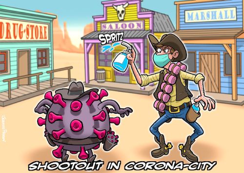 Cartoon: Revolverheld (medium) by Joshua Aaron tagged corona,pandemie,covid,western,desinfektion,shootout,high,noon,corona,pandemie,covid,western,desinfektion,shootout,high,noon