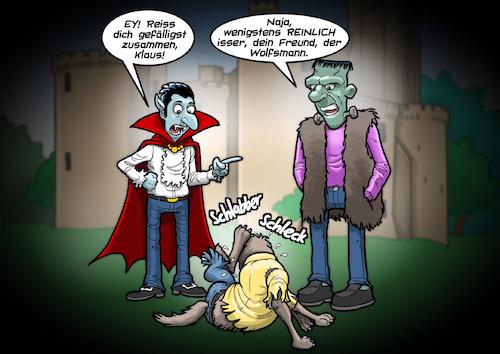 Cartoon: Sauberkeit (medium) by Joshua Aaron tagged hund,eier,lecken,werwolf,frankenstein,dracula,hygiene,hund,eier,lecken,werwolf,frankenstein,dracula,hygiene