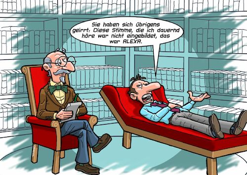 Cartoon: Stimmenhören (medium) by Joshua Aaron tagged psychiater,stimme,einbildung,psychologe,alexa,ki,patient,psychiater,stimme,einbildung,psychologe,alexa,ki,patient