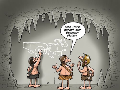 Cartoon: Stoneage SciFi (medium) by Chris Berger tagged steinzeit,science,fiction,zukunft,rad,wagen,neandertaler,steinzeit,science,fiction,zukunft,rad,wagen,neandertaler
