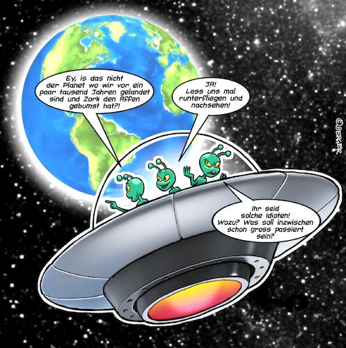 Cartoon: UFO (medium) by Chris Berger tagged alien,affe,ufo,evolution,science,fiction,alien,affe,ufo,evolution,sex,science,fiction