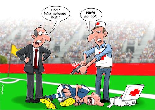 Cartoon: Verletzung (medium) by Chris Berger tagged spieler,verletzung,em,fussball,schiedsrichter,sanitäter,spieler,verletzung,em,fussball,schiedsrichter,sanitäter