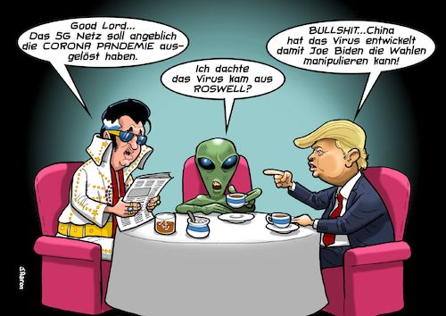 Cartoon: Verschwörungstheoretiker (medium) by Chris Berger tagged elvis,trump,alien,ufo,biden,wahl,usa,pandemie,corona,verschwörungstheorie,aluhut,elvis,trump,alien,ufo,biden,wahl,usa,pandemie,corona,verschwörungstheorie,aluhut