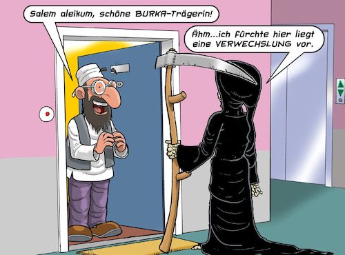 Cartoon: Verwechslung (medium) by Joshua Aaron tagged tod,burka,muslim,religion,ende,verwechslung,tod,burka,muslim,religion,ende,verwechslung