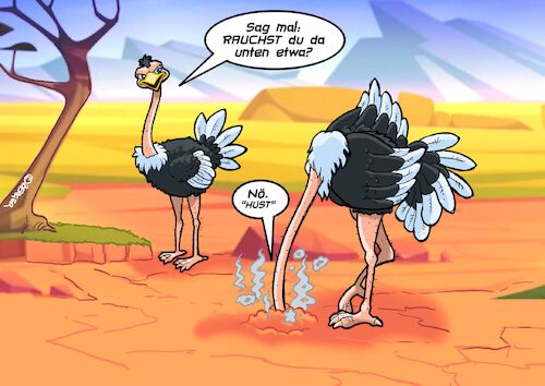 Cartoon: Vogel Strauss (medium) by Joshua Aaron tagged vogel,strauss,raucher,kopf,in,den,sand,vogel,strauss,raucher,kopf,in,den,sand