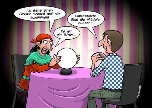 Cartoon: Wahrsagerin (medium) by Joshua Aaron tagged wahrsagerin,zigeunerin,jahrmarkt,bmw,dreier,wahrsagerin,zigeunerin,jahrmarkt,bmw,dreier,sex
