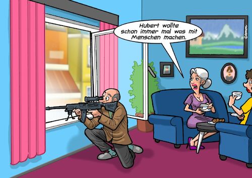 Cartoon: Was mit Menschen (medium) by Chris Berger tagged sniper,scharfschütze,pension,alter,menschenfreund,heimarbeit,sniper,scharfschütze,pension,alter,menschenfreund,heimarbeit