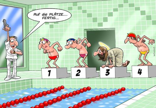 Cartoon: Wettschwimmen (medium) by Chris Berger tagged jesus,wasser,laufen,wettschwimmen,wettbewerb,jesus,wasser,laufen,wettschwimmen,wettbewerb
