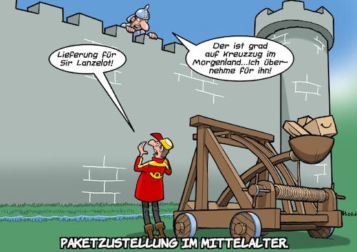 Cartoon: Zustellservice anno dazumal (medium) by Chris Berger tagged ups,fedex,post,dpd,dhl,zusteller,pakete,paketdienst,lieferung,mittelalter,katapult,burg,ups,fedex,post,dpd,dhl,zusteller,pakete,paketdienst,lieferung,mittelalter,katapult,burg