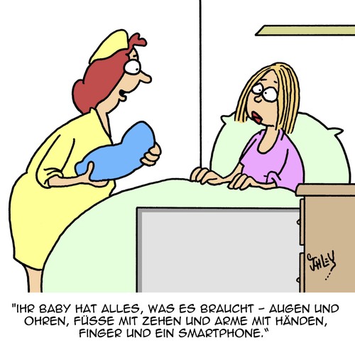 Cartoon: Alles was man braucht (medium) by Karsten Schley tagged mütter,väter,eltern,baby,geburt,kinder,gesundheit,krankenschwester,entbindung,smartphones,kommunikation,technik,mütter,väter,eltern,baby,geburt,kinder,gesundheit,krankenschwester,entbindung,smartphones,kommunikation,technik