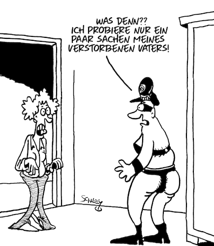 Cartoon: Altes Zeug (medium) by Karsten Schley tagged mode,väter,söhne,erbe,kleidung,männer,frauen,familie,erinnerungen,gesellschaft,mode,väter,söhne,erbe,kleidung,männer,frauen,familie,erinnerungen,gesellschaft