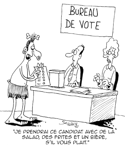 Cartoon: Au bureau de vote (medium) by Karsten Schley tagged elections,candidats,democratie,politique,alimentation,societe,elections,candidats,democratie,politique,alimentation,societe