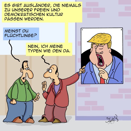 Cartoon: Ausländer (medium) by Karsten Schley tagged politik,wahlen,usa,trump,europa,ausländer,flüchtlinge,kultur,demokratie,politik,wahlen,usa,trump,europa,ausländer,flüchtlinge,kultur,demokratie
