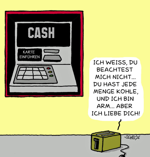 Cartoon: Beachtung (medium) by Karsten Schley tagged reichtum,armut,geld,geldautomaten,wirtschaft,business,liebe,beziehungen,reichtum,armut,geld,geldautomaten,wirtschaft,business,liebe,beziehungen