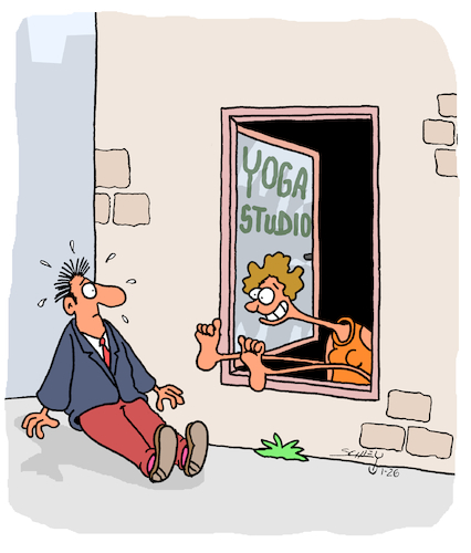 Cartoon: Biegsamkeit (medium) by Karsten Schley tagged yoga,sport,medien,gesundheit,training,flexibilität,biegsamkeit,körperbeherrschung,fitness,mode,trends,gesellschaft,yoga,sport,medien,gesundheit,training,flexibilität,biegsamkeit,körperbeherrschung,fitness,mode,trends,gesellschaft