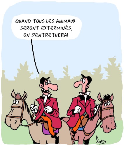 Cartoon: Chasseurs (medium) by Karsten Schley tagged animaux,armes,mort,chasseurs,environnement,animaux,armes,mort,chasseurs,environnement