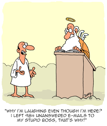 Cartoon: Dead and Laughing (medium) by Karsten Schley tagged death,afterlife,paradise,emails,employers,employees,managers,workload,business,economy,society,death,afterlife,paradise,emails,employers,employees,managers,workload,business,economy,society