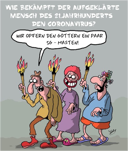 Cartoon: Den Göttern ein Opfer (medium) by Karsten Schley tagged coronavirus,aberglaube,bildungsferne,technik,kommunikation,verschwörungstheorien,medien,facebook,5g,gesellschaft,verblödung,coronavirus,aberglaube,bildungsferne,technik,kommunikation,verschwörungstheorien,medien,facebook,5g,gesellschaft,verblödung